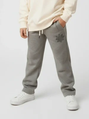 سويت بانتس شتوي يونيسكس بلون رمادي ميلانج بخصر مطاطي ورسمة زخرفية – ملابس أطفال