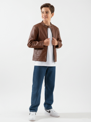 جاكيت جلد أولادي بني – ملابس أطفال شتوي أنيق