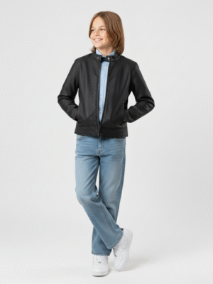 جاكيت جلد أولادي أسود – ملابس أطفال شتوي فاخرة