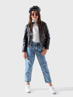 جاكيت جلد بايكر أسود بناتي – ملابس أطفال شتوي أنيق