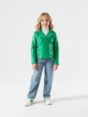 جاكيت جلد بنات أخضر – ملابس أطفال بنات خروج شتوي أنيقة A&A.