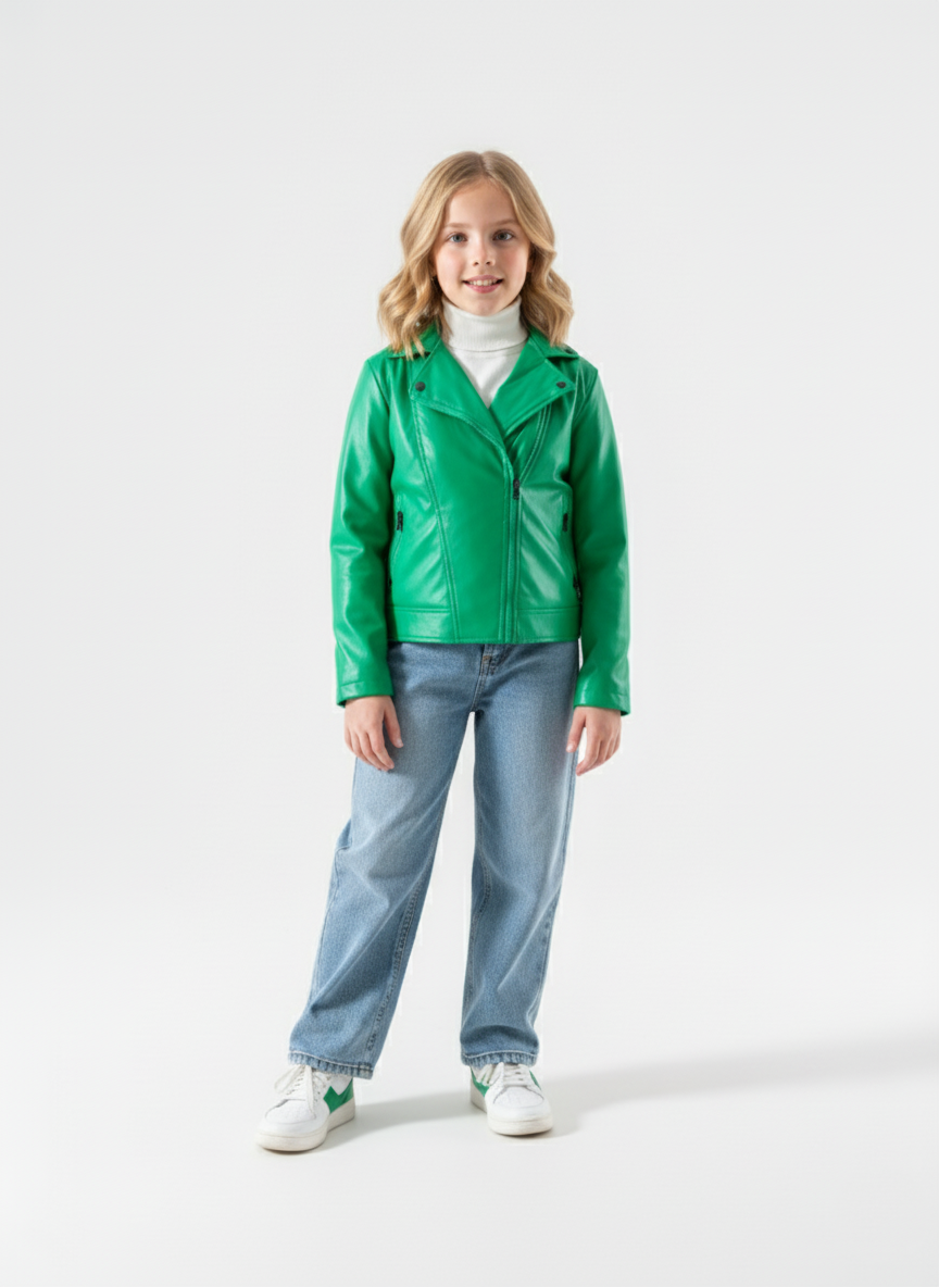جاكيت جلد بنات أخضر – ملابس أطفال بنات خروج شتوي أنيقة A&A.