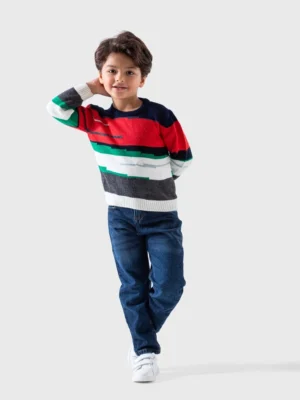 سويت شيرت أولادي شتوي كنزة مقلمة. يتميز بخطوط عريضة باللون الأحمر والأخضر والكحلي والأبيض.
