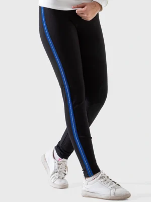 بنطلون ليجنغز بناتي أسود ضيق مع شريط جانبي أزرق ومخطط بالذهبي