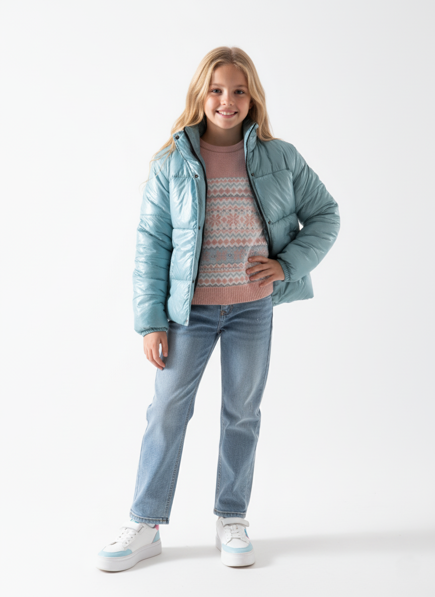 جاكيت مبطن بناتي ووتر بروف لبني ميتاليك – ملابس أطفال شتوية أنيقة 2026