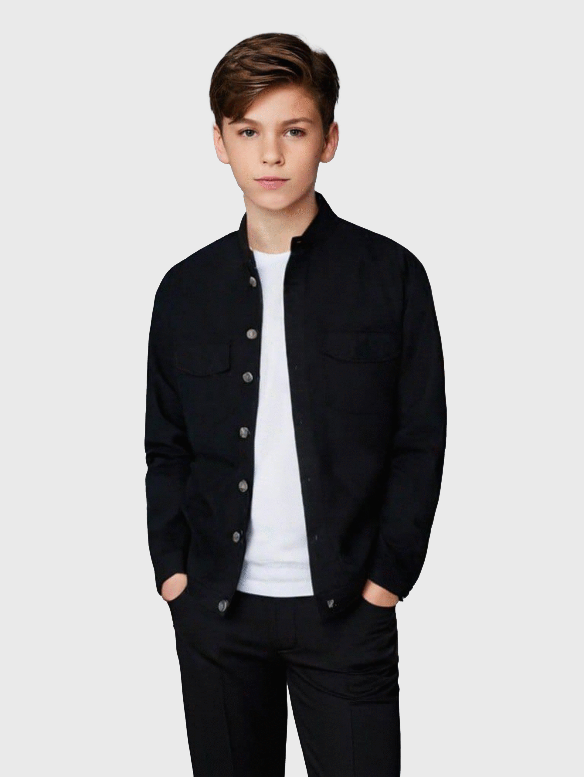 قميص فلانيل كاروهات ولادي كبير بغطاء رأس رمادي – ملابس أطفال شتوية A&A 2025