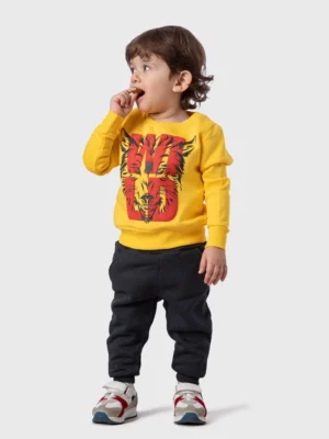 طقم سويتشيرت أولادي شتوي. السويتشيرت أصفر بطبعة الذئب.