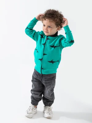 سويت شيرت بسوستة أولادي بيبى أخضر منقوش بقرش – ملابس أطفال شتوي