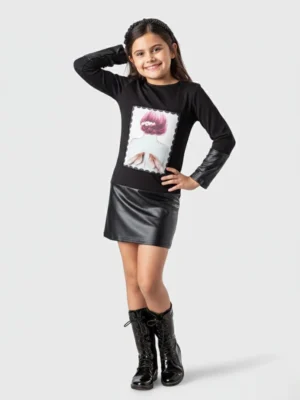 فستان أسود جلد وقطن – ملابس أطفال بنات خروج شتوي