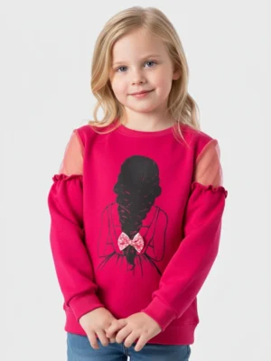 سويت شيرت بناتي فوشيا بفيونكة وتل – ملابس أطفال شتوي أنيق