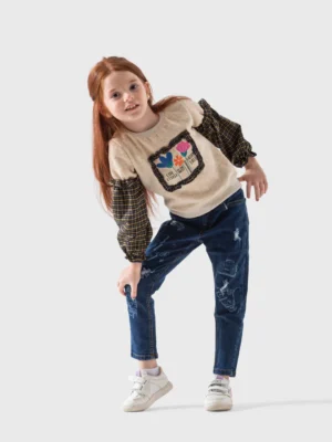 سويت شيرت بناتي بيج بأكمام كاروهات وتطريز – سويت شيرت شتوي بناتي