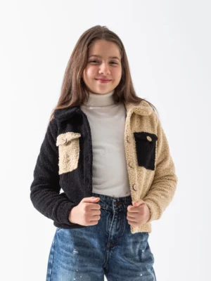 جاكيت تيدي بير بناتي أسود وبيج – ملابس أطفال شتوي فاخرة