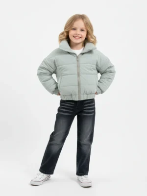 جاكيت شتوي بناتي منفوخ مبطن أخضر وياقة عالية – جاكيت أطفال مقاس 3-8