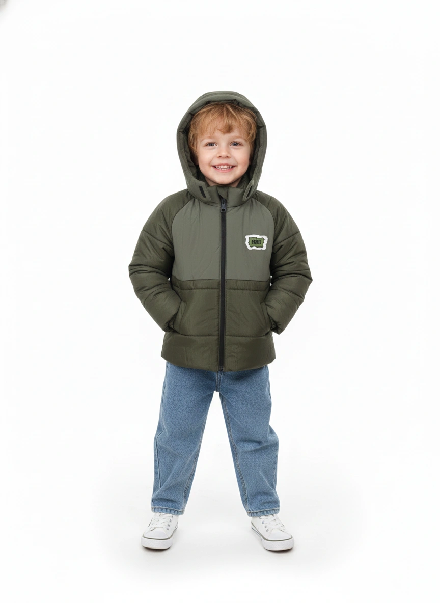 جاكيت شتوي أولادي منفوخ مبطن أخضر كاكي بقلنسوة – جاكيت أطفال مقاس 3-7