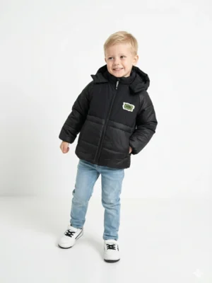 جاكيت شتوي أولادي منفوخ مبطن أسود بقلنسوة – جاكيت أطفال مقاس 3-7