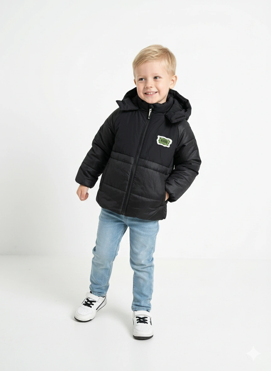 جاكيت شتوي أولادي منفوخ مبطن أسود بقلنسوة – جاكيت أطفال مقاس 3-7