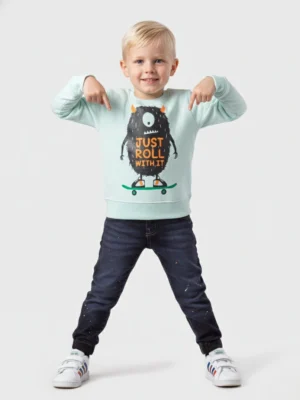 سويت شيرت أولادي مينت جرين برسمة وحش – ملابس أطفال شتوي أنيق