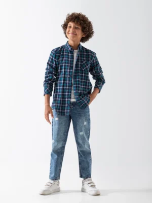 قميص كاروهات كحلي أولادي – ملابس أطفال شتوي أنيق