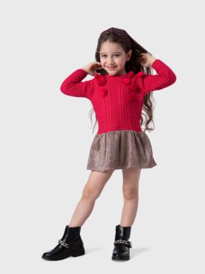 دريس شتوي بناتي أحمر بكرات فرو وتنورة لامعة – مقاس 1-2 سنة