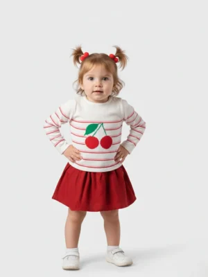 فستان بناتي شتوي تريكو أبيض وأحمر. يتميز بتنورة حمراء وطبعة كرز كبيرة.