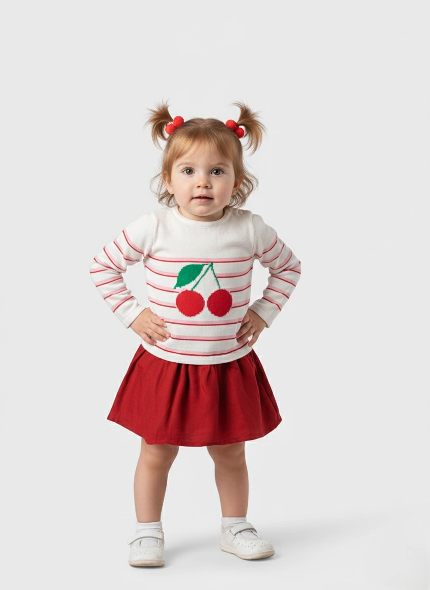 فستان بناتي شتوي تريكو أبيض وأحمر. يتميز بتنورة حمراء وطبعة كرز كبيرة.