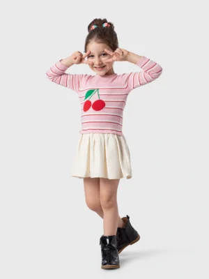 دريس شتوي بناتي محبوك وردي بطباعة الكرز – مقاس 6-18 شهر