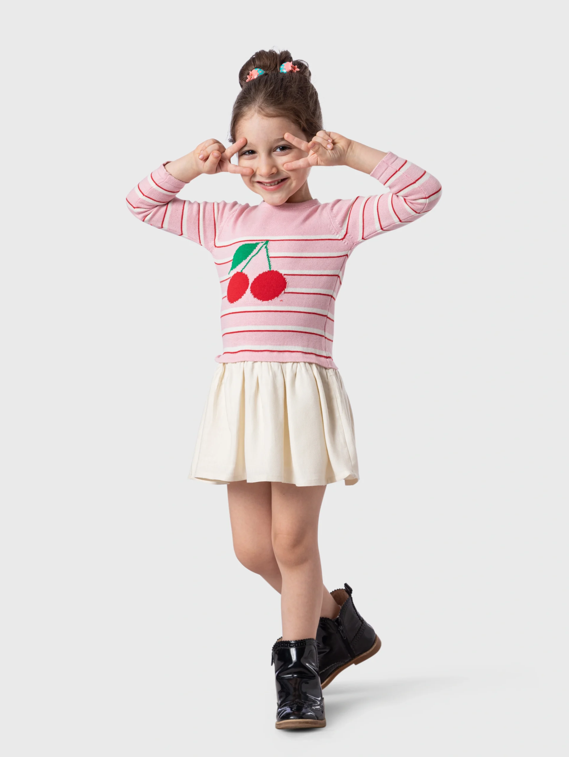 دريس شتوي بناتي محبوك وردي بطباعة الكرز – مقاس 6-18 شهر