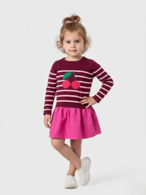 دريس شتوي بناتي محبوك عنابي بطباعة الكرز – مقاس 6-24 شهر