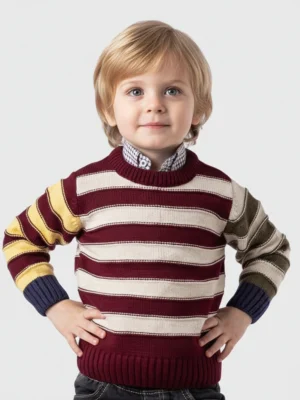 بلوفر تريكو شتوي مخطط بألوان العنابي والخردلي والكحلي. مناسب لمقاس سنة.