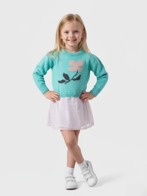 طقم تريكو وجيبة شيفون بناتي فيروزي – ملابس أطفال شتوي راقية