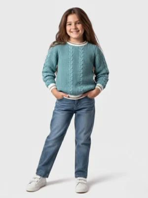 سويتر تريكو تركواز بناتي – ملابس أطفال شتوي أنيق