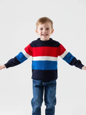 سويتر تريكو أولادي مخطط أحمر وأزرق – ملابس أطفال شتوي أنيق
