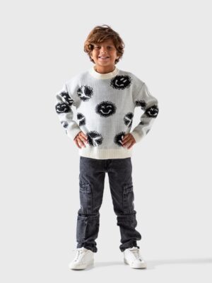 سويتر تريكو أولادي أوف وايت بنقشة سوداء – ملابس أطفال شتوي