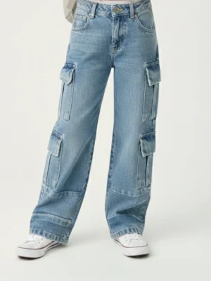 بنطلون جينز كارجو أزرق فاتح للجنسين – ملابس أطفال كاجوال فخمة