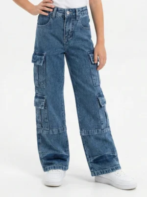 بنطلون جينز كارجو يونيسكس واسع الأرجل أزرق دينم – مقاس 8-16