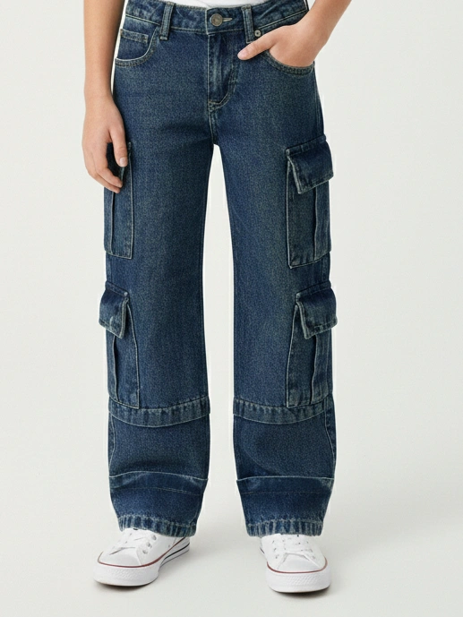 بنطلون جينز كارجو يونيسكس واسع الأرجل أزرق دينم داكن – مقاس 8-16