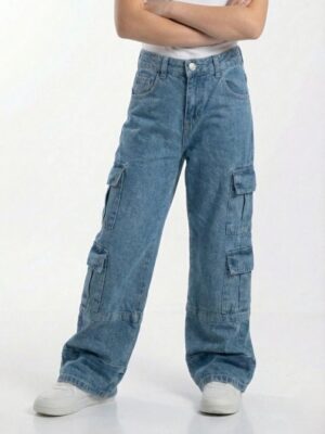 بنطلون جينز كارجو أزرق يونيسكس – ملابس أطفال خروج أنيقة