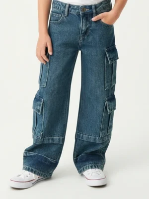 بنطلون جينز كارجو يونيسكس واسع الأرجل أزرق دينم داكن – مقاس 2-6