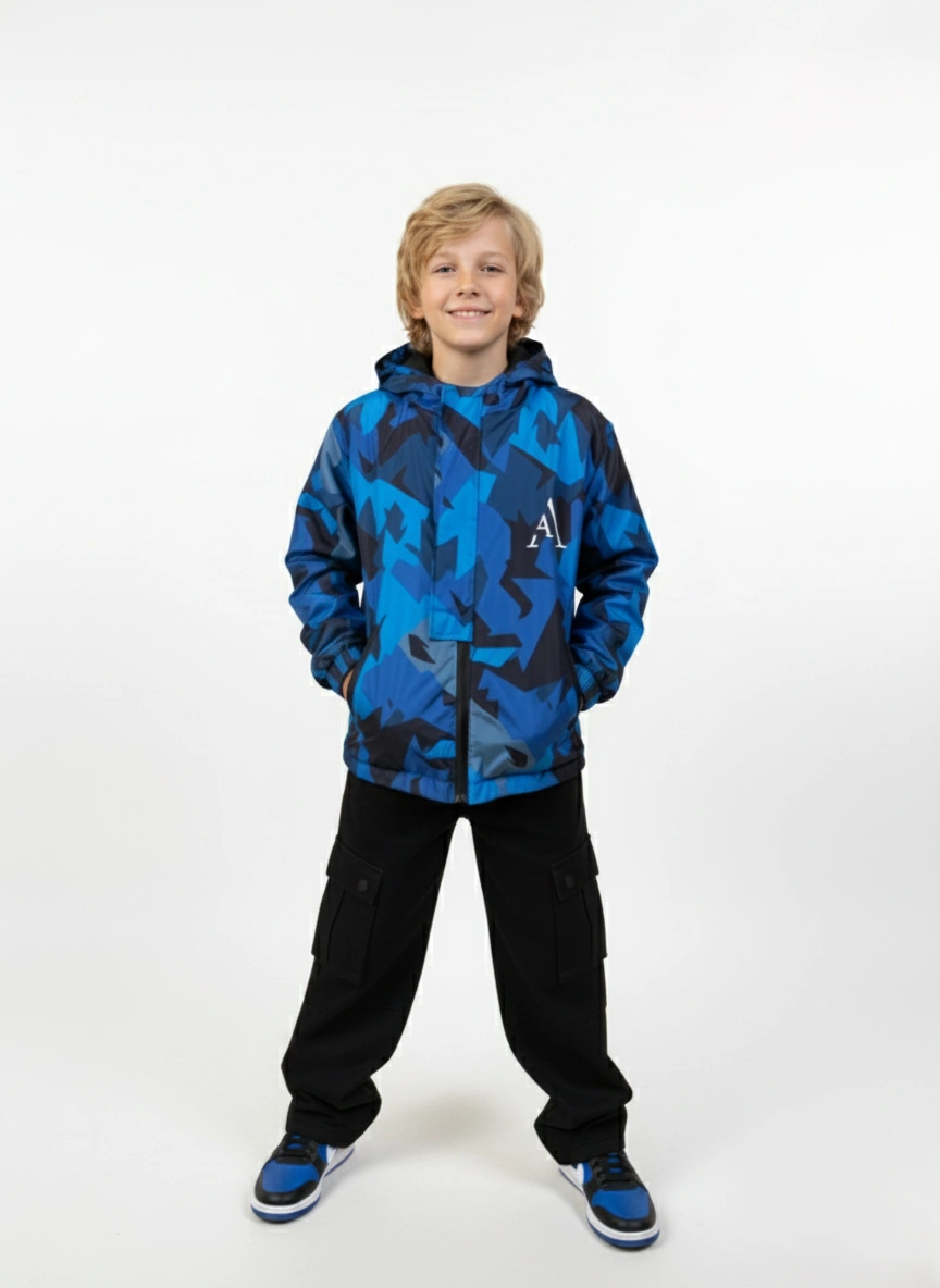 سوت شتوي أولادي جاكيت ووتر بروف مموه أزرق وبنطلون كارجو أسود – طقم مقاس 8-16