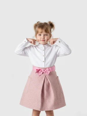 سكيرت بناتي وردي شتوي بكسرات وحزام فيونكة – جيبة بناتي شتوي