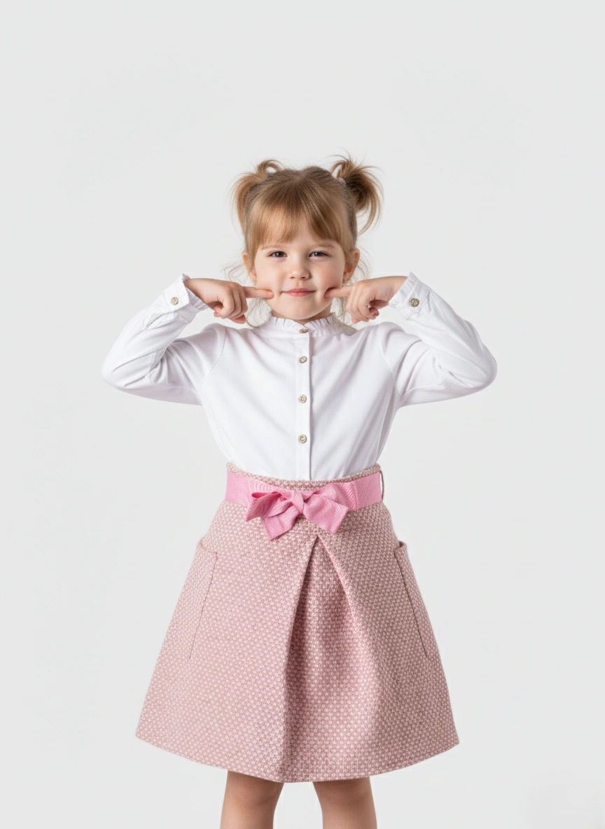 سكيرت بناتي وردي شتوي بكسرات وحزام فيونكة – جيبة بناتي شتوي