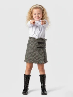سكيرت بناتي تويد شتوي بنقشة شيفرون وتطعيم جلد – جيبة بناتي شتوي