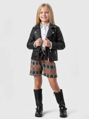 شورت صوف منقوش وجاكيت جلد بناتي - ملابس أطفال شتوي فاخرة