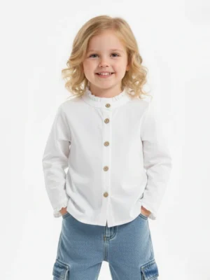 شميز بناتي أبيض بياقة مكشكشة – ملابس أطفال بنات خروج