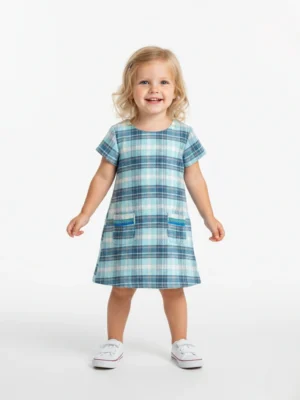 فستان كاروهات تركواز شتوي - ملابس أطفال بنات خروج