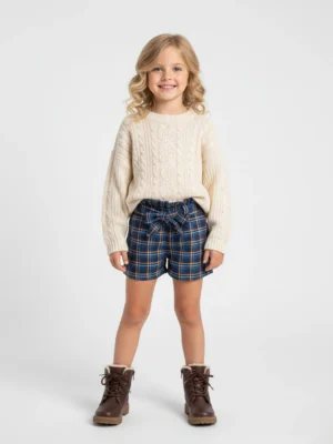 شورت شتوي بناتي كاروه أزرق - ملابس أطفال شتوي أنيق