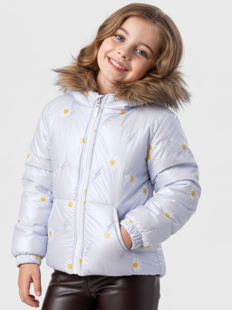 جاكيت مبطن بناتي سماوي بنقشة الورد – ملابس أطفال شتوي أنيق