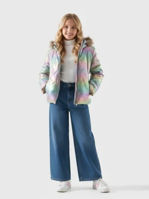 جاكيت ووتر بروف بناتي هولوجرامي منفوخ بقلنسوة فرو – جاكيت شتوي مقاس 6-16