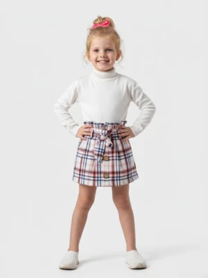سكيرت كاروهات بناتي أبيض وبرتقالي – ملابس أطفال شتوي أنيق