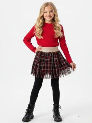 سكيرت كاروهات أحمر وأسود بناتي – ملابس أطفال شتوي فاخرة
